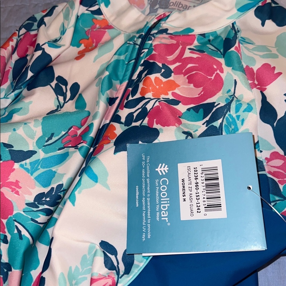 NWT Coolibar Escalante Full Zip Rash Guard 1/4 zip UPF 50+ Blue Floral Sz m bra - Picture 2 of 5